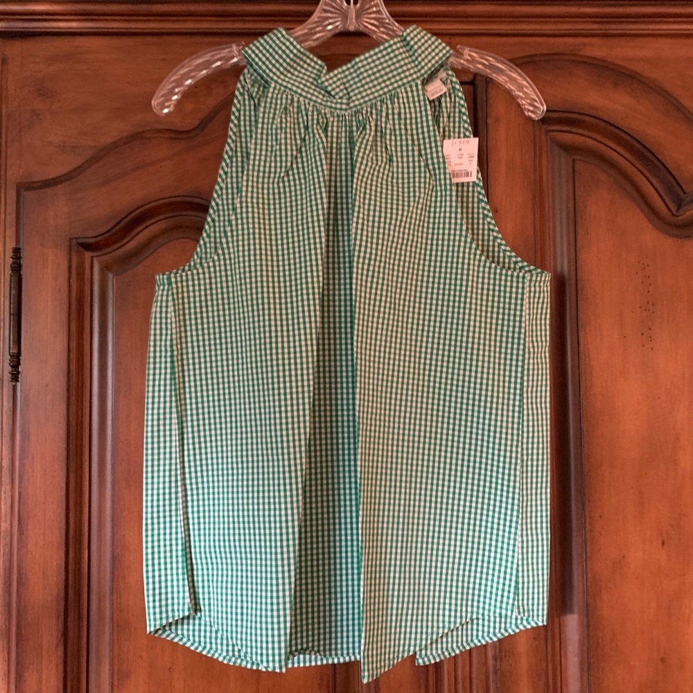 J Crew Green/White Gingham Tie Sleeveless Top